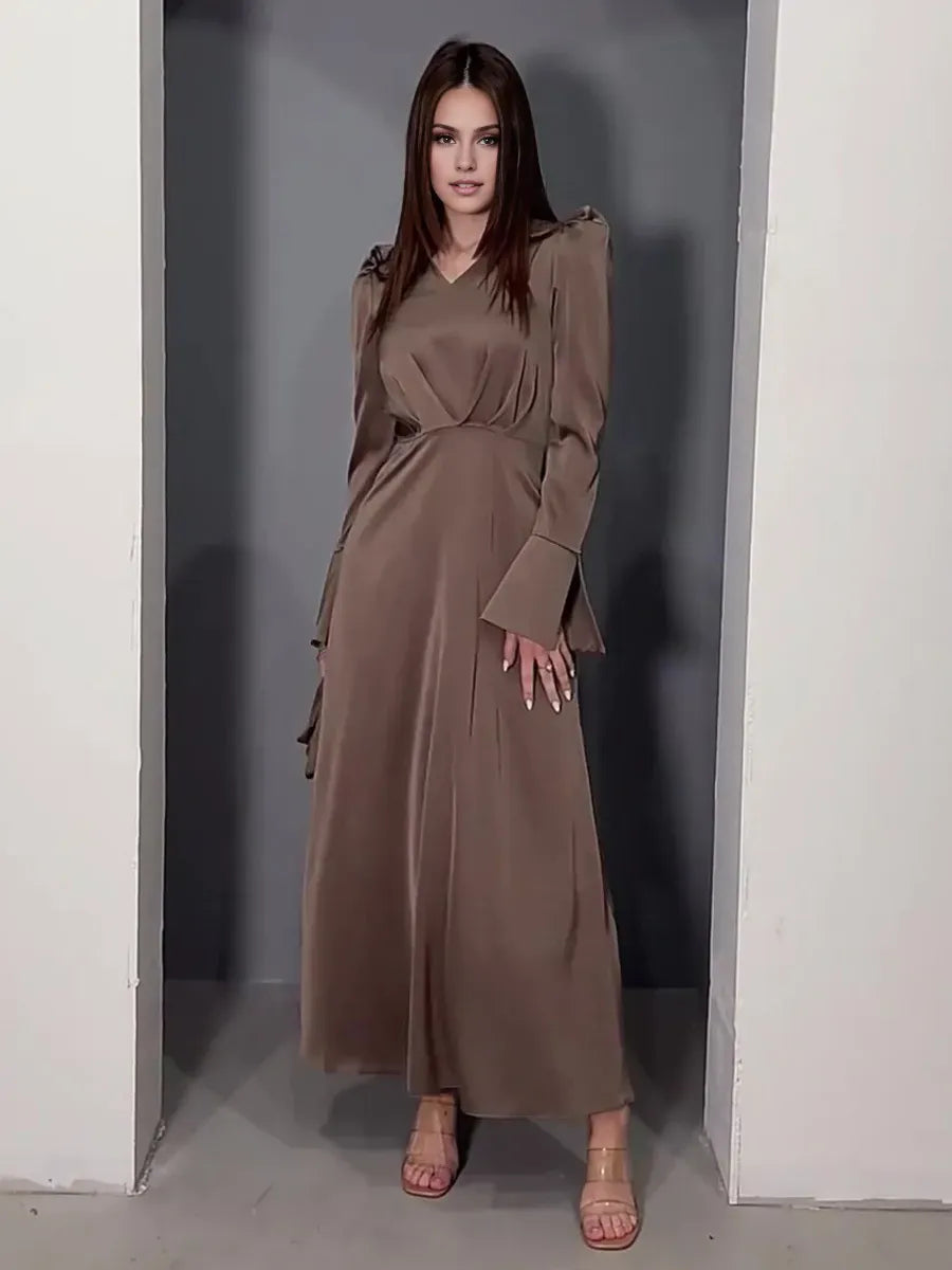 Weitese Dress A-line V-Neck Dress Bell Sleeves Ribbon Pleated Floor Length Prom Maxi Dresses